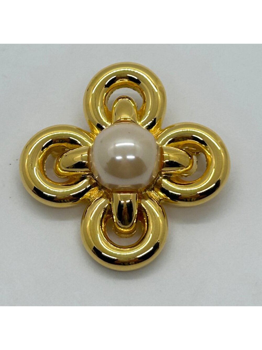Vintage Joan Rivers Maltese Cross Faux Pearl Brooch Gold Tone Classic Statement